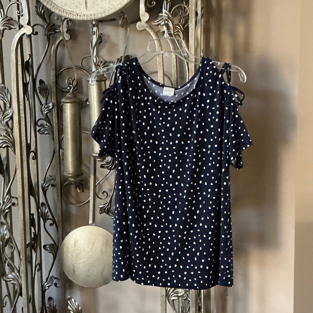 Kaileigh Navy and White Polka Dot Cold Shoulder Blouse